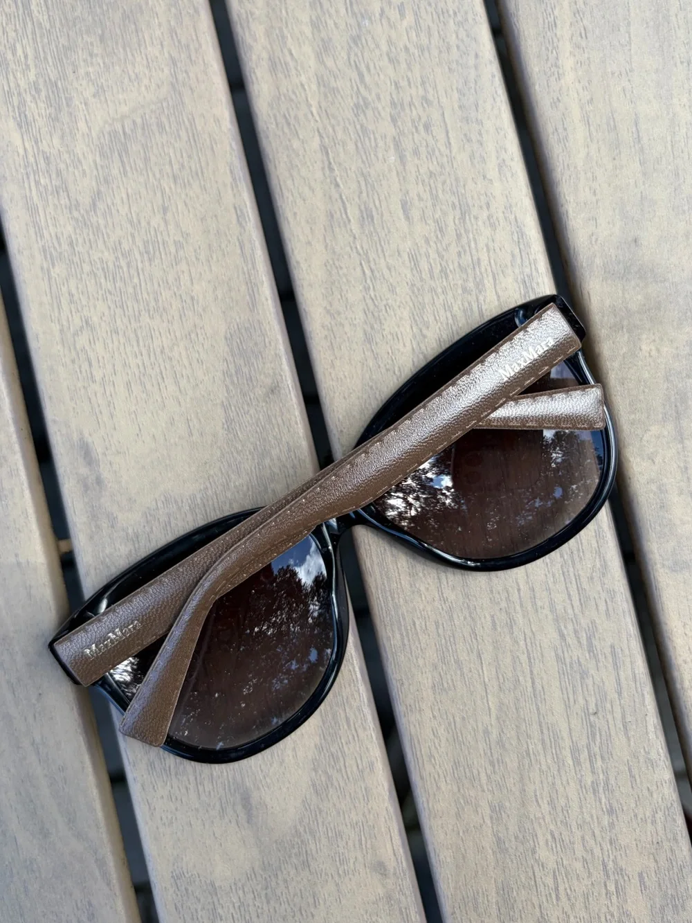 MaxMara Brown Leather-Trim Sunglasses with Black Frame